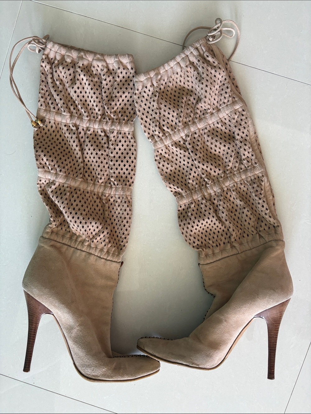Roberto Cavalli Taupe Suede Perforated Drawstring Knee Boots - Picture 2 of 5